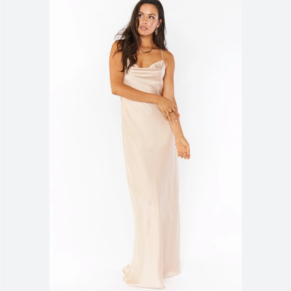 Show Me Your Mumu Tuscany Maxi Satin Slip Dress in Champagne in X-Small